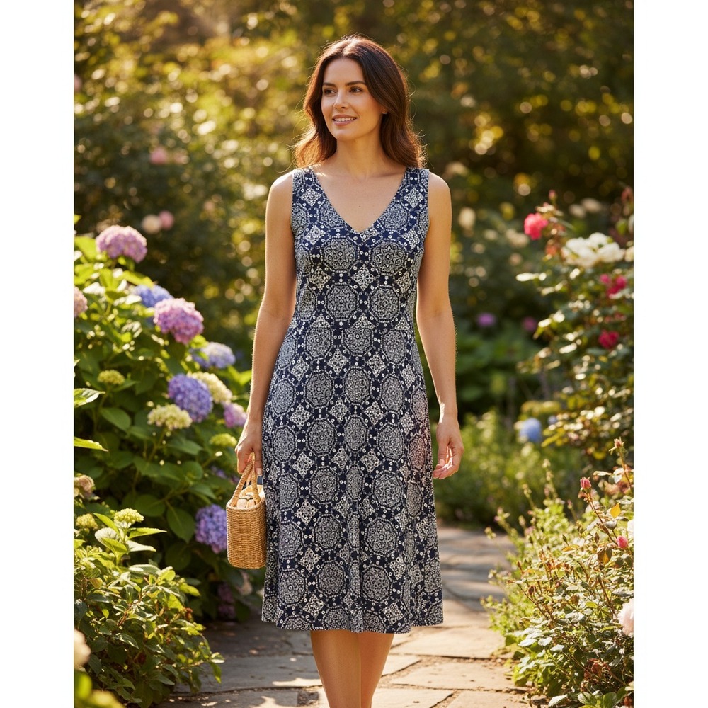 NEW Loft Dress Blue Medallion Sleeveless V Neck Boho Coastal Office Siren Sz 4